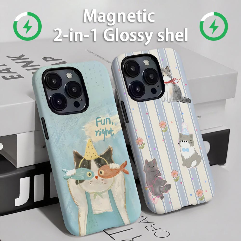 Apple Iphone 15 - แมวและสุนัขน่ารักเคสโทรศัพท์แม่เหล็ก 2-in-1 Glossy SHELL สําหรับ iPhone
